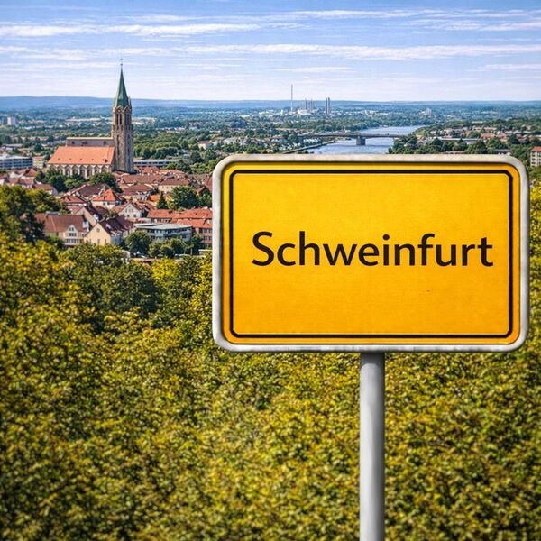 Gelbes Ortsschild Schweinfurt mit Stadt im Hintergrund