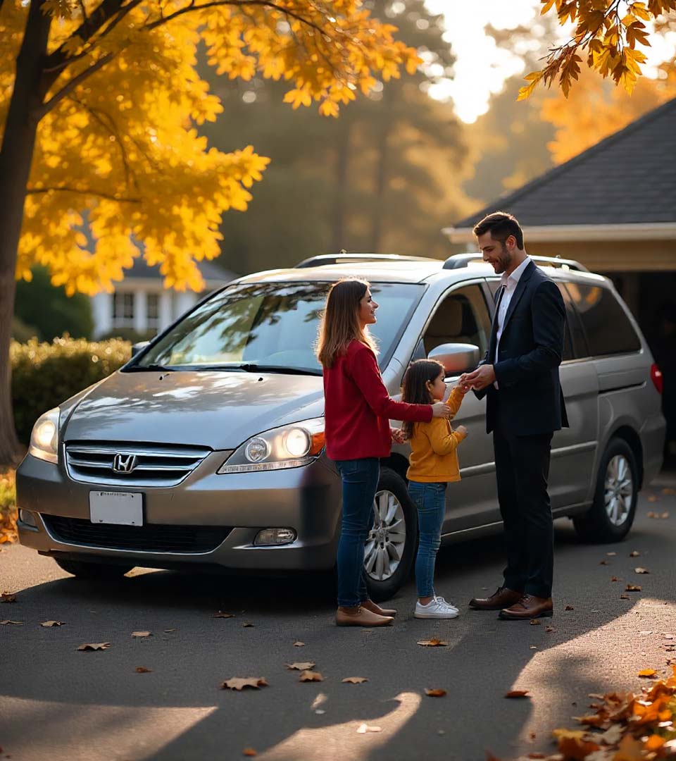 Eine Familie übergibt ein Auto an einen Händler beim Autoankauf Schweinfurt vor dem Haus
